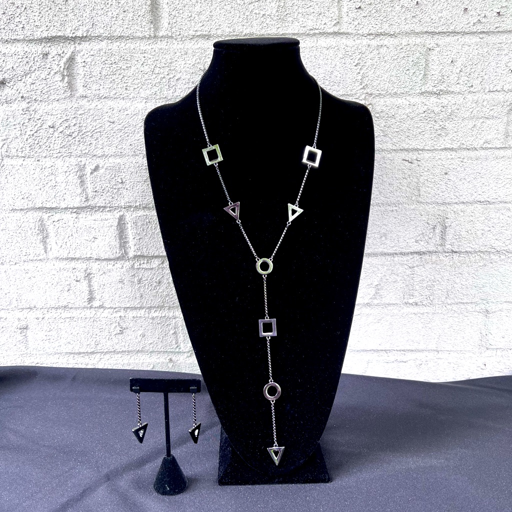 Geometric Gun-Metal Chain Lariat Necklace & Earrings Set